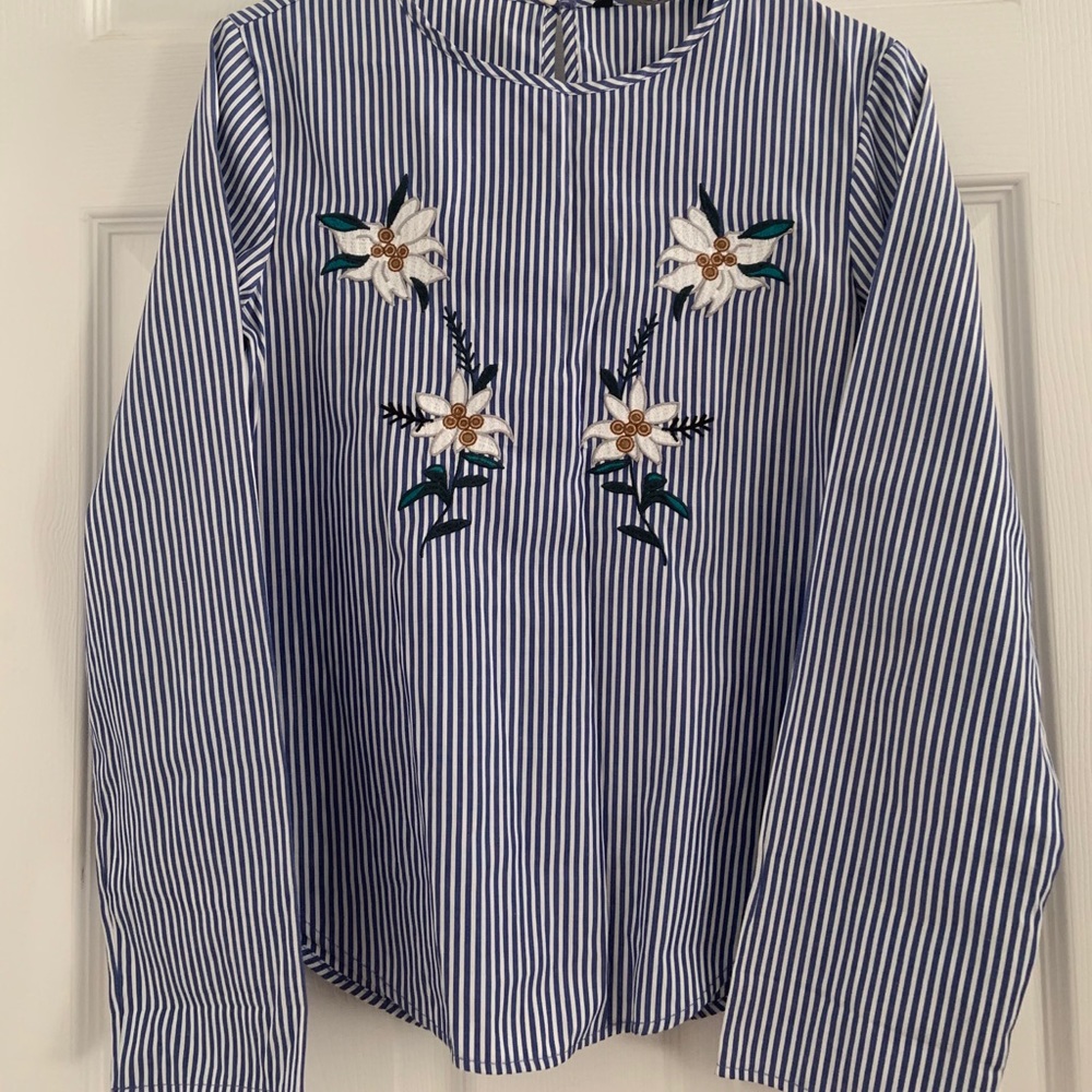 Zara White Blue Striped Embroidered Top